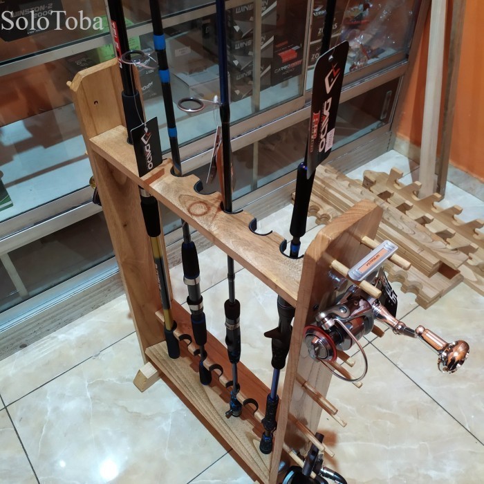 

Rak Joran Variasi plus tempat reel gantung kayu jati-wadah Pancing murah