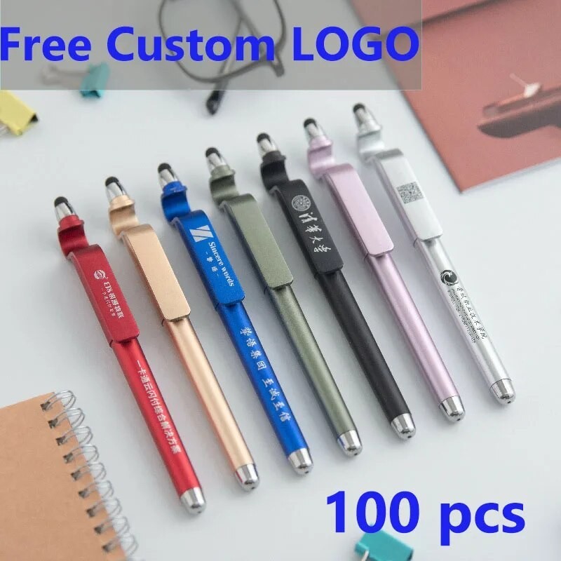 

100 Pcs Lot Customized Logo Qr Code Advertising Signature Pen Screen Touch Carbon Gel Black Pen Mobile Phone Holder Wholesale
