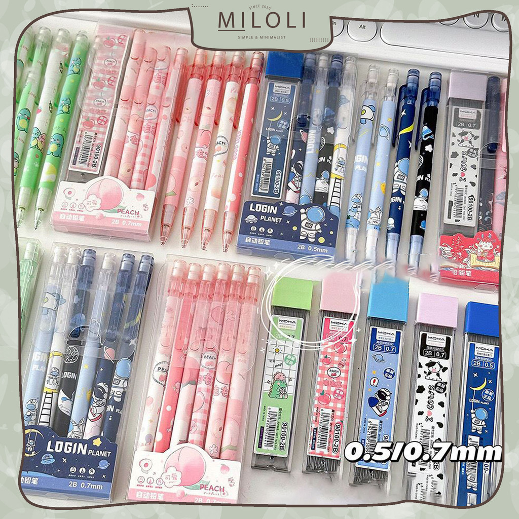 

[MILOLI] 4pcs PENCIL MEKANIK 0,5mm CUTE CARTOON WITH ERASER REFILL 100pcs Pensil Penghapus Otomatis 2B Stationary - D0063