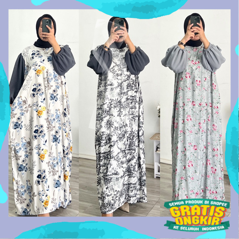 SHANUM DRESS / Gamis Rayon Kombinasi / Gamis Rayon Motif Busui / Dress Gamis Kombinasi Crinkle Airfl