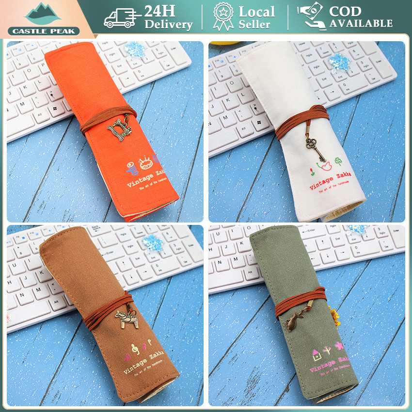 

Pencil Case Roll / Tas Pensil Gulung Bahan Kapas / warna Hijau oranye hijau putih/ Tempat Pensil Warna Gulung Motif Estetik