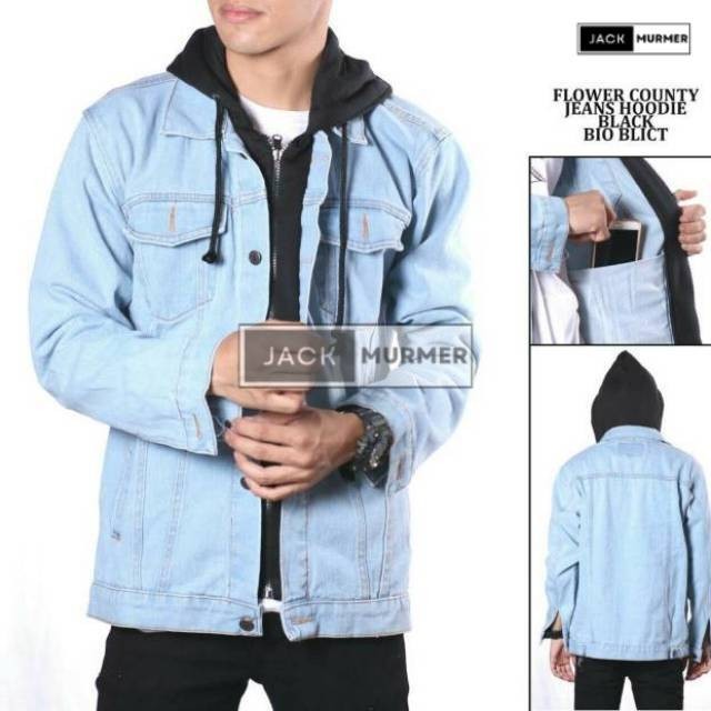 Jaket Jeans Hoodie Double Sletting - Jaket Jeans Pria- Jaket Motor Best Seller