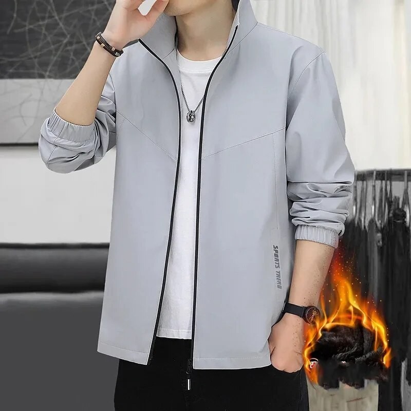 Jaket kargan lengan panjang pria, jaket kargan cetakan huruf Solid leher bulat lengan panjang   lela