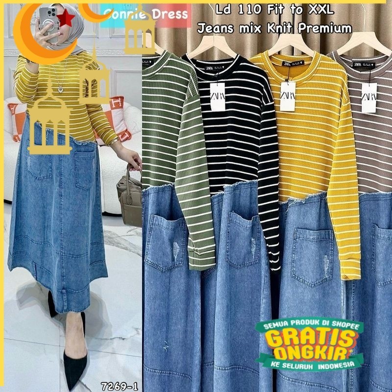 JK Connie Dress maxy jeans mix kaos/nude yellow kuning mustard