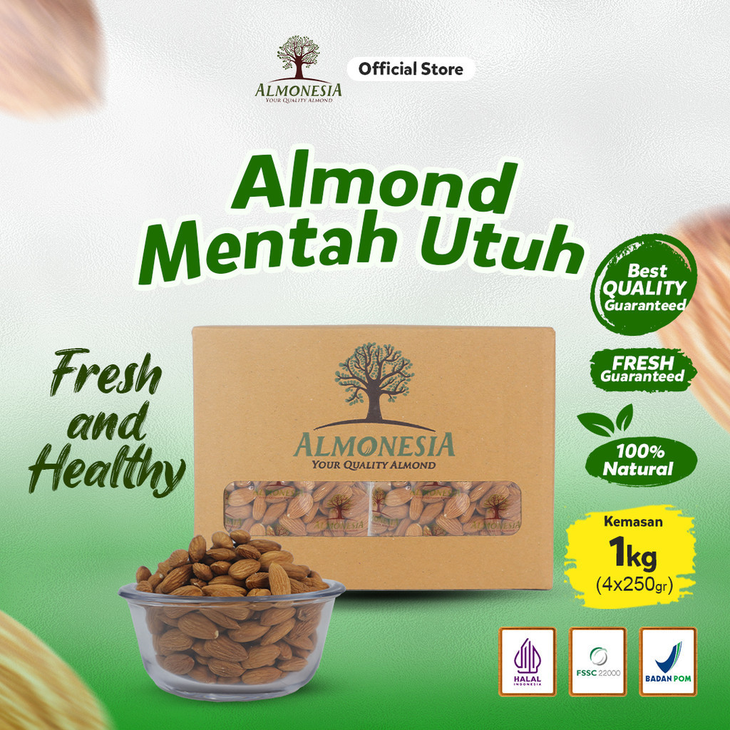 

Almond Mentah Utuh - Almonesia Natural Whole Almond 1Kg (Kemasan 250gr x 4)