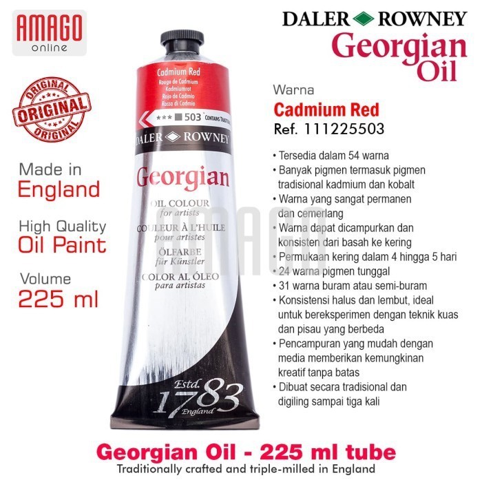 

DALER-ROWNEY Georgian Oil Paint 225 ml - Cat Minyak Lukis - Cadmium Red - 111225503