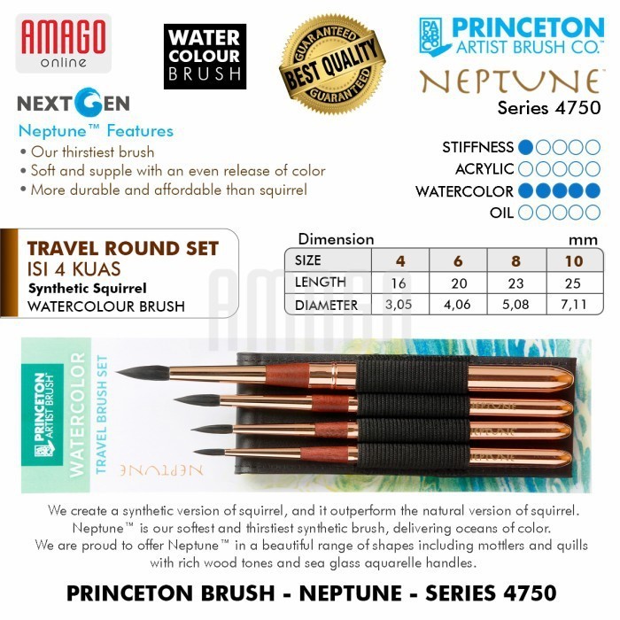 

Kuas PRINCETON Neptune Watercolour Brush - 4 pcs Round Travel Set
