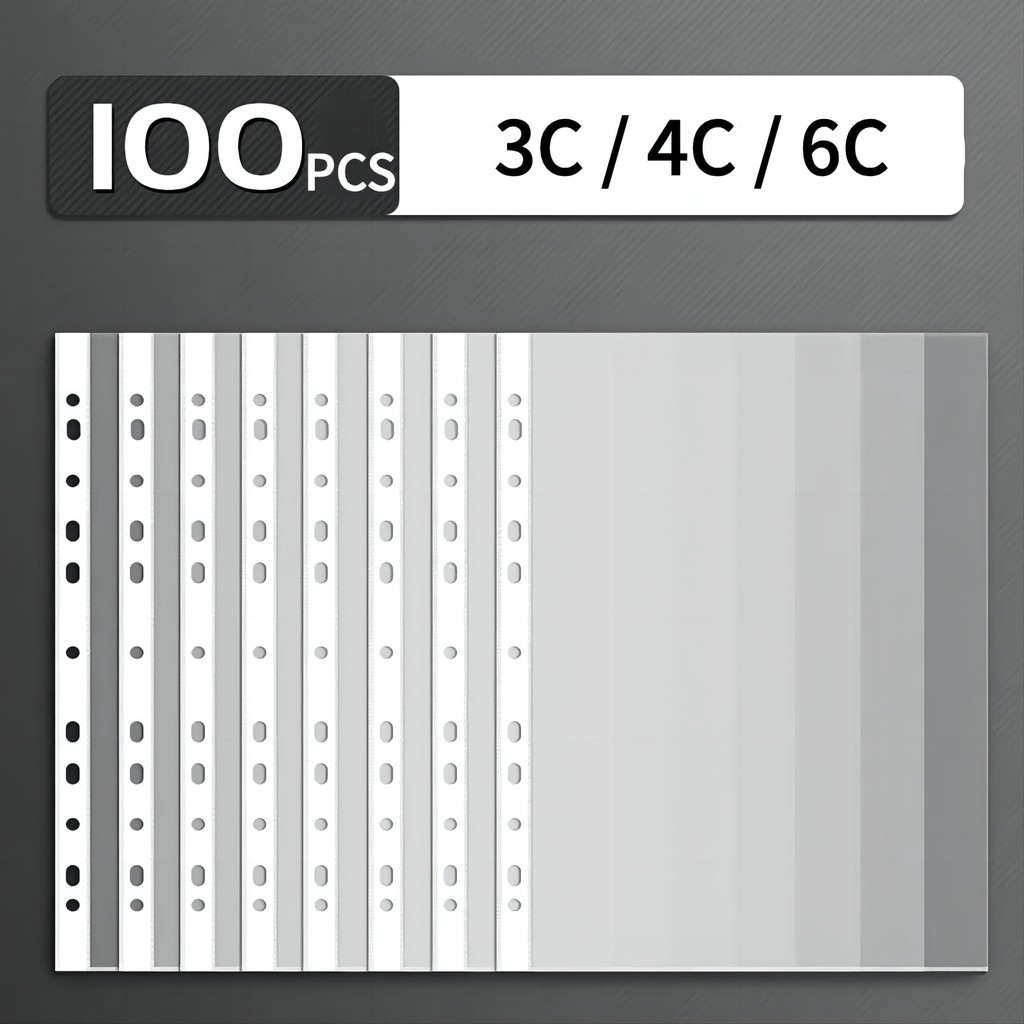 

100pcs 11 Hole A4 File Pockets Ring Binder File Folder Jackets File Bag for Hole Ring Binder Folder (3C/6C Thickness)