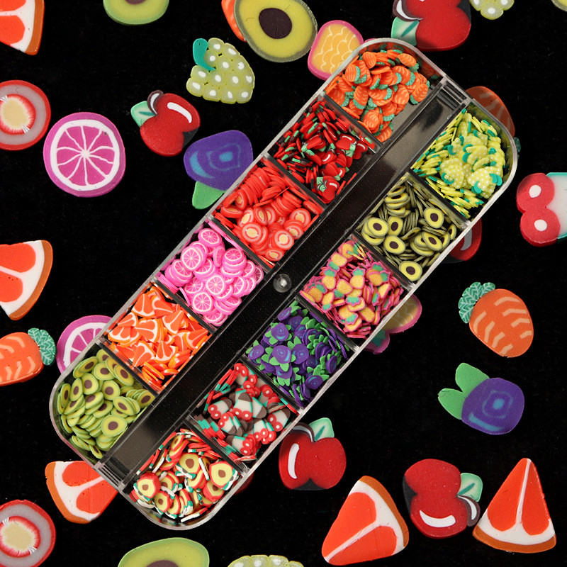 

12 Grid Mixed Fruit Polymer Soft Clay Flakes for Nail Art UV Epoxy Resin Silicone Mold Flakes Slime Filler Making Tweezers DIY
