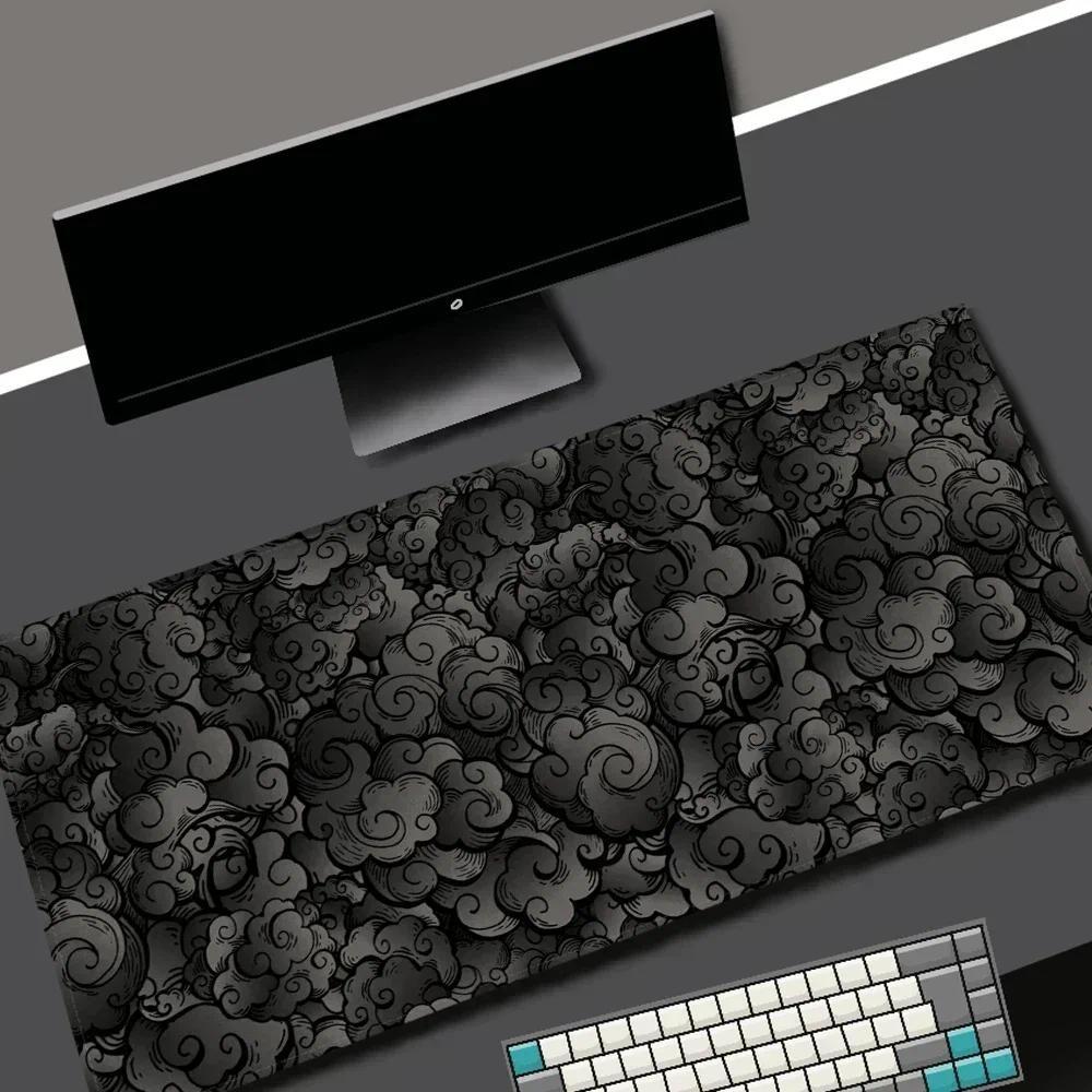 Japanese Clouds Mouse Pad Kawaii Black Desk Mat Office Carpet Large Gaming Mousepad Non-Slip Rubber 