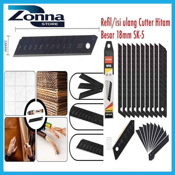 

(Isi 10pcs) Isi Ulang Cutter Hitam Besar 18mm SK5 Refill Cutter Besar Tajam 18mm Stainless
