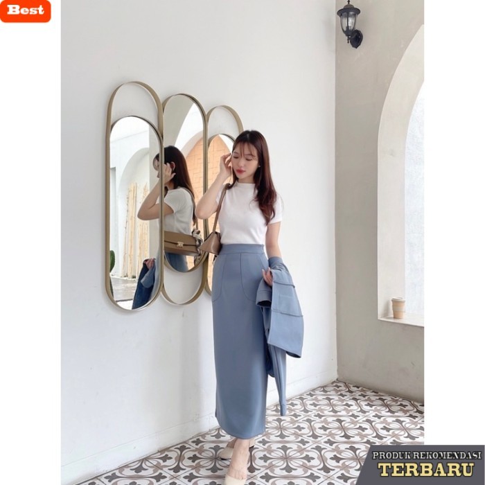 rok wanita kekinian Kadaka B-0190 Maxi Skirt Rok Panjang Wanita Korean Style - DUSTY BLUE, M