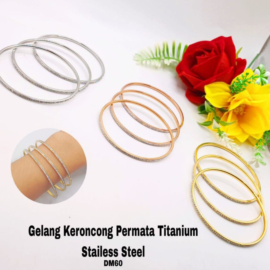 gelang keroncong dewasa permata putih titanium anti karat & anti luntur