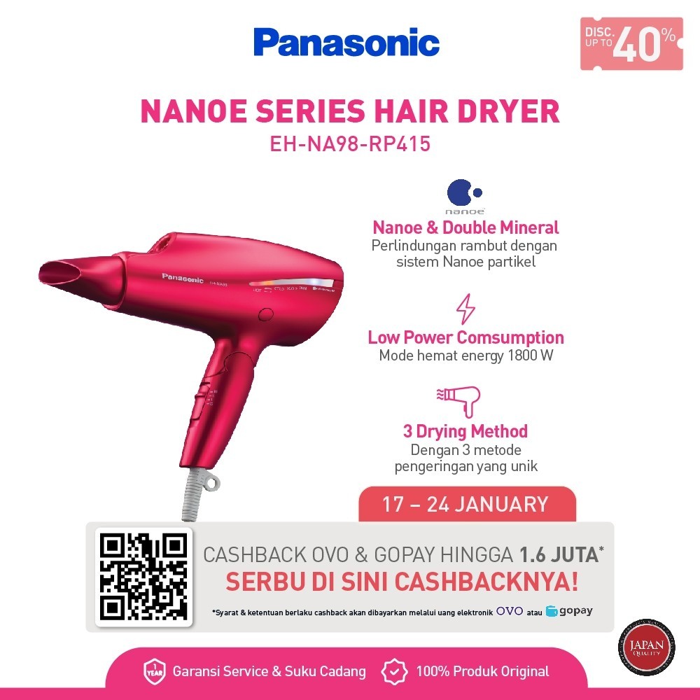 PROMO SPESIAL Panasonic EH-NA98-RP415 Hair Dryer Nanoe Series - Rouge Pink