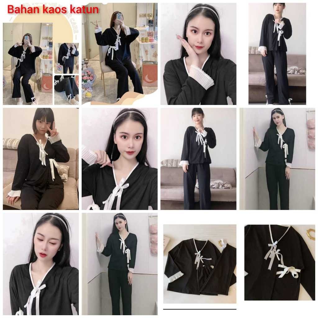 Baju tidur piyama model kimono celana lengan panjang bahan kaos katun import SETELAN SETCEL ONESET S