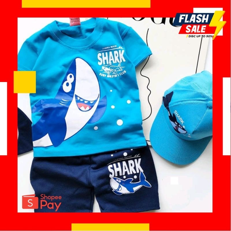 PAYDAY 3.3 | SETELAN BAJU ANAK BABYSHARK PAKAIAN KIDS COWOK CEWEK SHARK ADA TOPI UNTUK UMUR 1-10TAHU