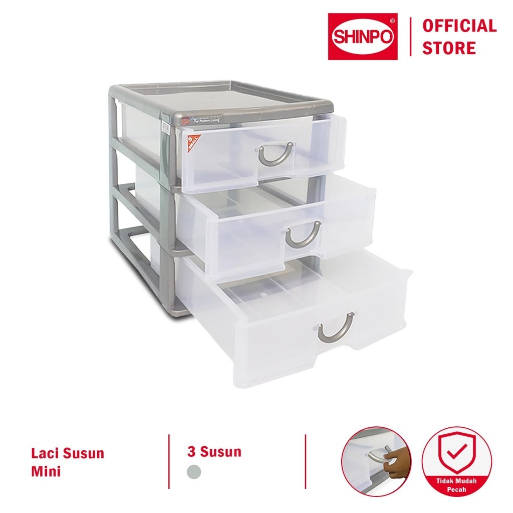 SHINPO Laci Susun Mini Plastik 3 Slot Rak Container Maxim Mini Drawer SPO-SIP-355-S3 Abu-Abu