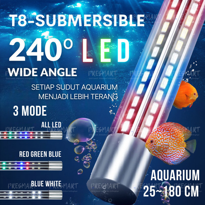 Lampu Led 25-180CM Aquarium Celup Submersible RGB 3 Mode Biru Putih Merah Aquascape Akuarium Air Ika