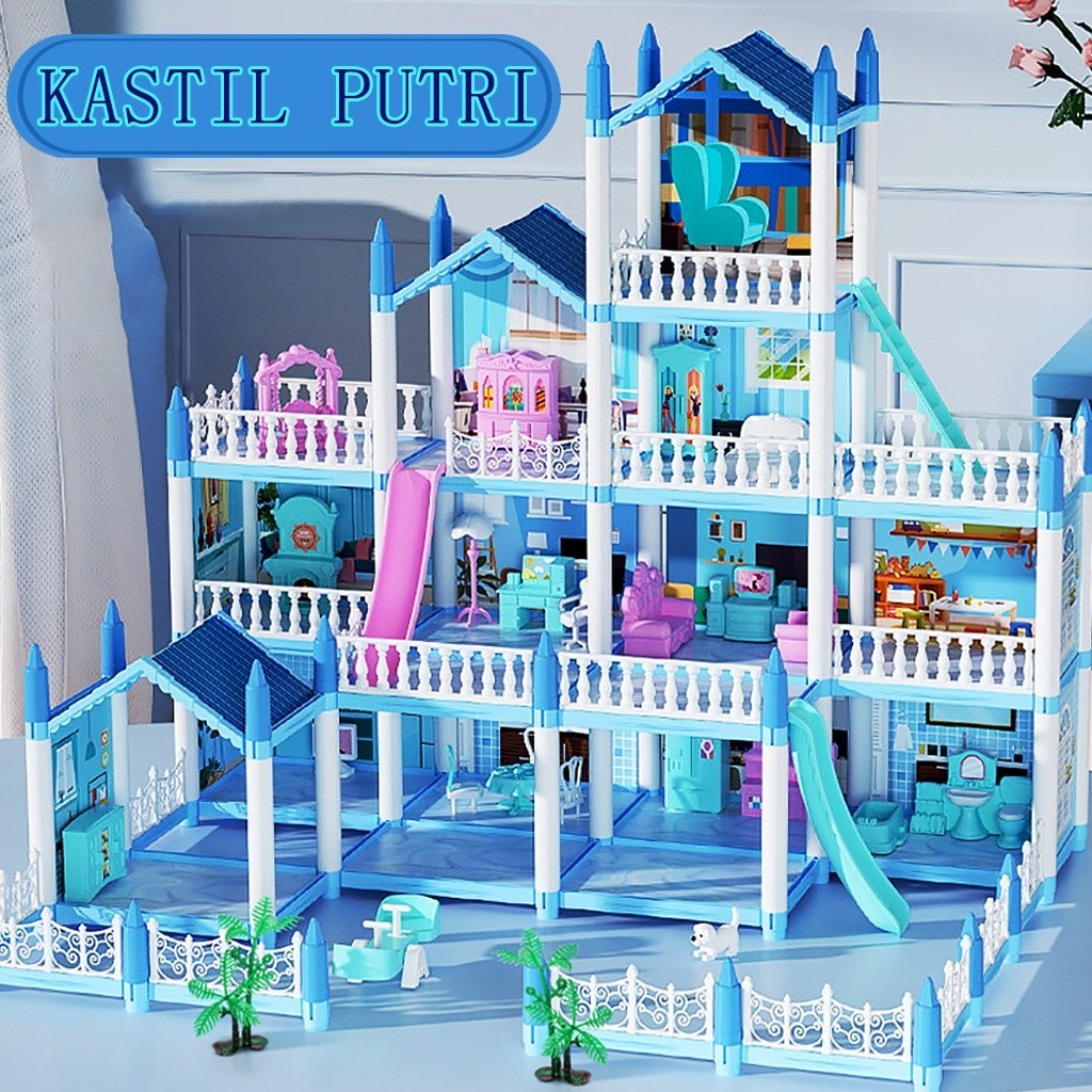 3D Princess Big Villa Diy Rumah Boneka Pink Castle Bermain Rumah Dengan Slide Yard Kit Dirakit Rumah Boneka Mainan Anak Hadiah