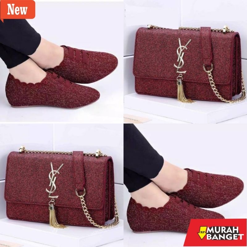 Sepatu wanita buat lebaran- paket sepatu dan tas selempang gliter maroon