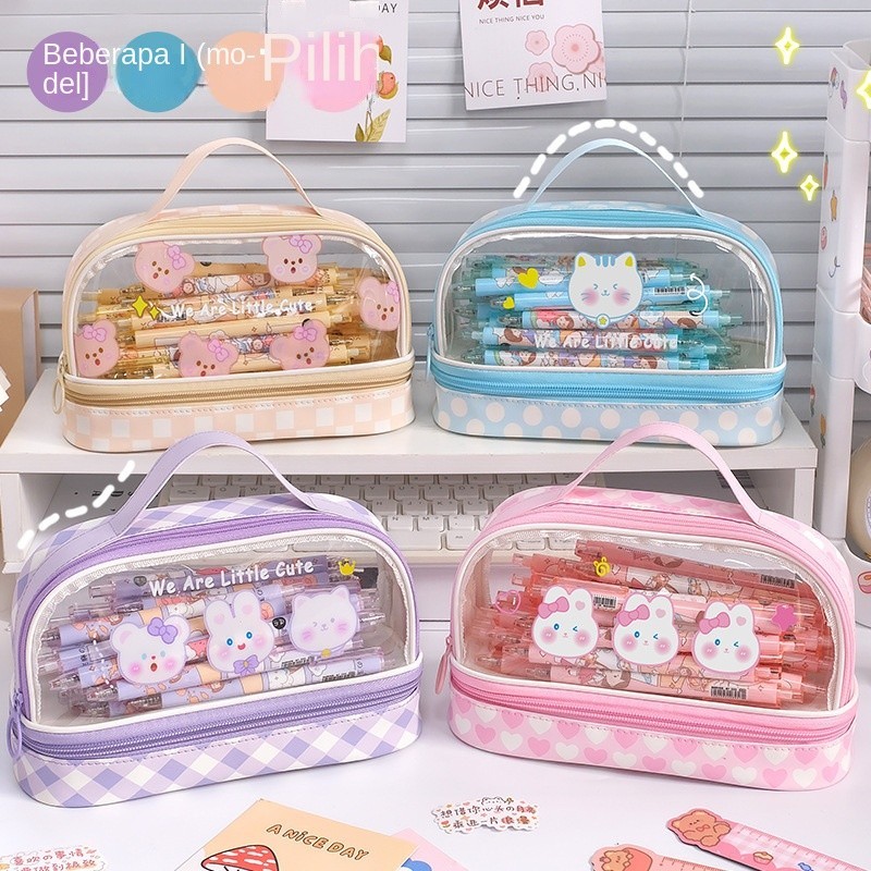 

Tas pensil transparan berkapasitas besar ganda untuk anak perempuan siswa sekolah dasar, siswa sekolah menengah pertama, tempat pensil bernilai tinggi, tas pensil wanita, tas pensil lucu