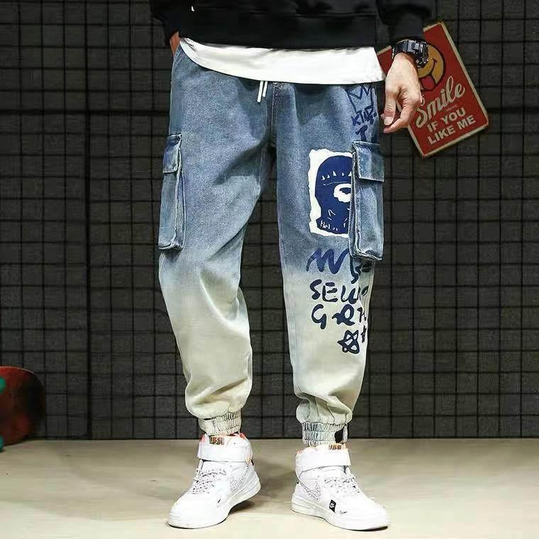 Celana Jeans Kargo, Celana Longgar Kasual, Celana Gaya Korea