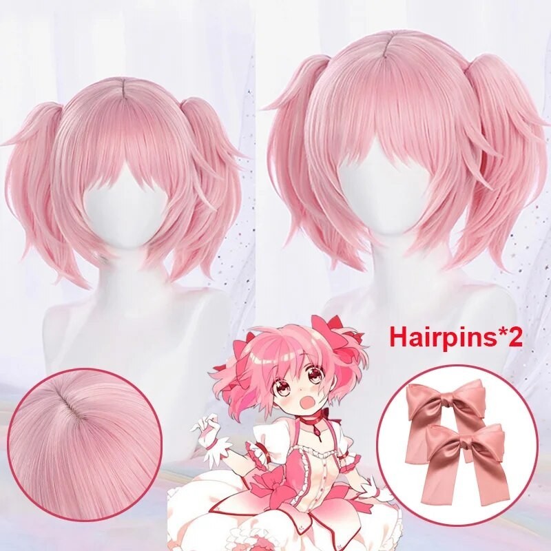Wig Cosplay Anime, Wig Cosplay Madoka Kaname, Wig Pink 30cm, klip pendek, Wig tahan panas + topi Wig