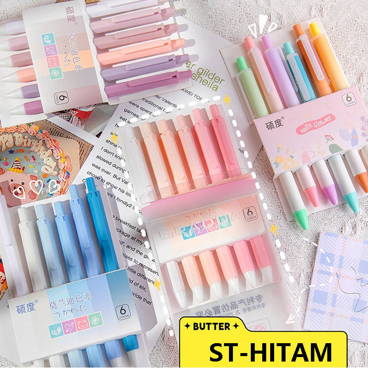 [GROSIR ATK] PULPEN GEL MEKANIK 1 SET 6 PCS MOTIF WARNA PASTEL POLOS GRADIENT AESTHETIC GAYA KOREA