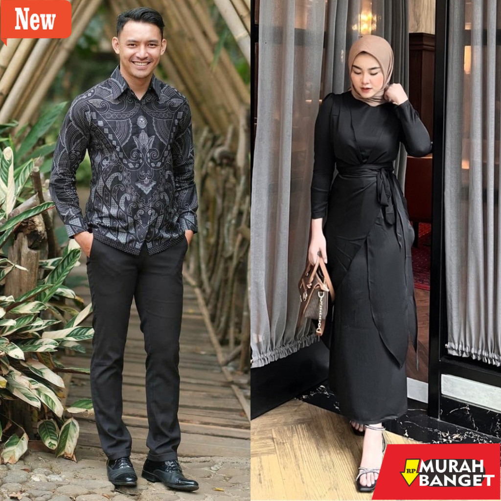 Gamis pesta- Clara Dress Silk Couple Pesta Pernikahan Sarimbit Gamis Polos mix Batik Kemeja Elegan d