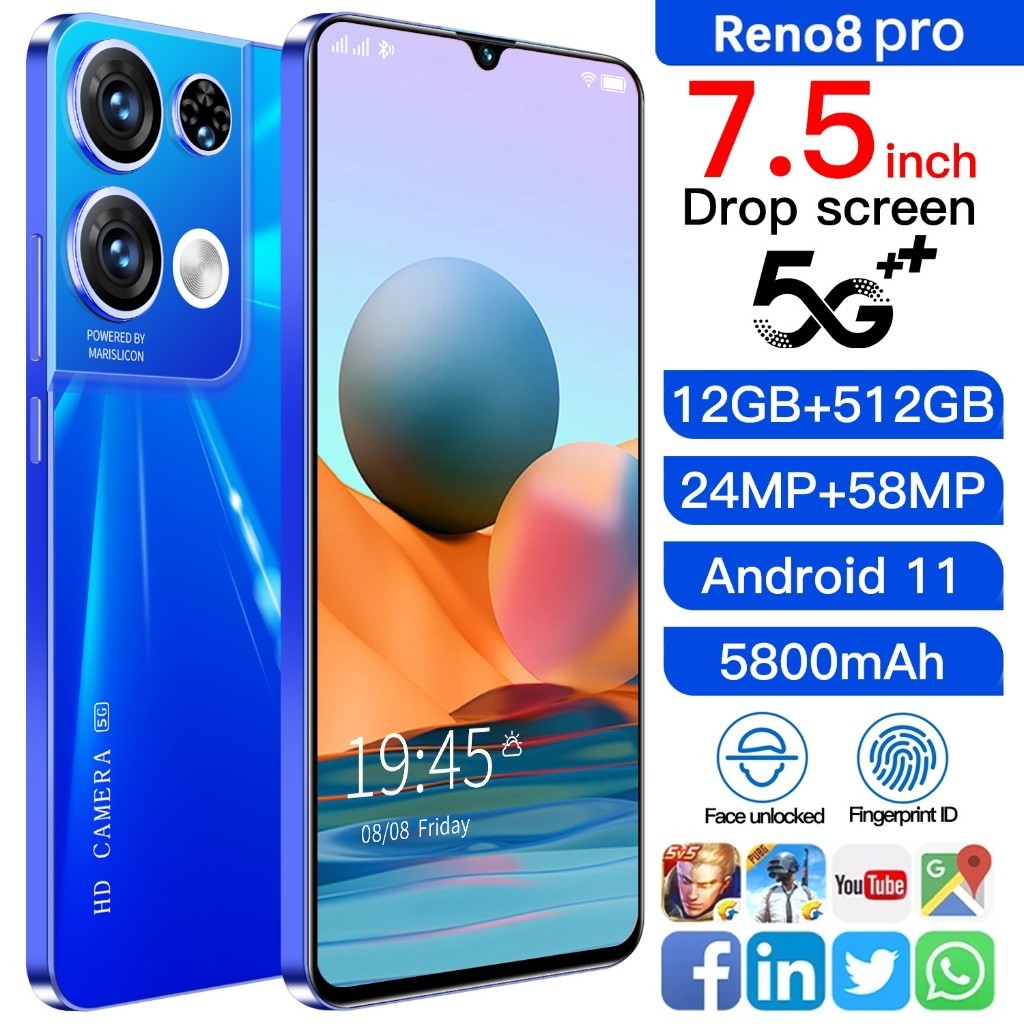 HP Reno8 Pro Handphone 12GB RAM+512GB ROM 7.5inci handphone Baru produk asli HD Kamera Dual SIM Dual 5G Smartphone oppo reno 8 pro