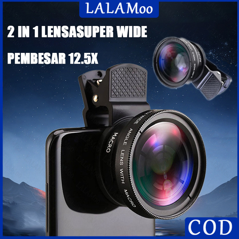 2 in 1 Lensa Kamera Eksternal / Super Wide Angle Lens+Macro Smartphone 12.5x Dengan Klip Untuk Hp RI