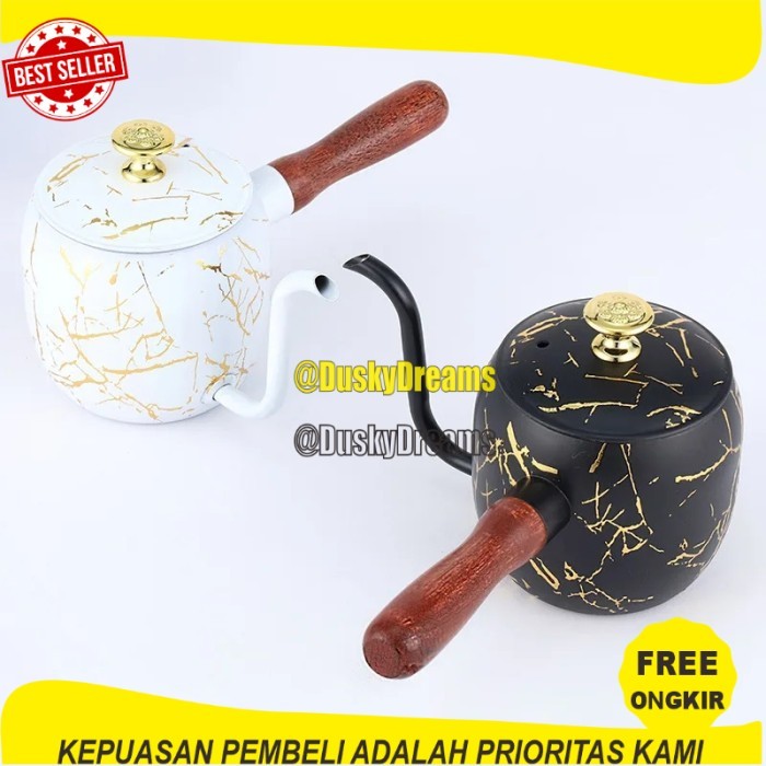 FREE ONGKIR Teko Leher Angsa Gooseneck Pitcher Teh Kopi Stainless Steel Motif Keramik 500 ML - Putih