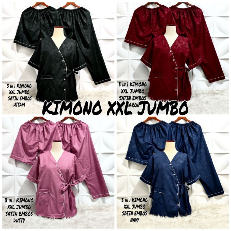 COD - Baju Tidur Kimono 3IN1 XXL Jumbo Satin Embos