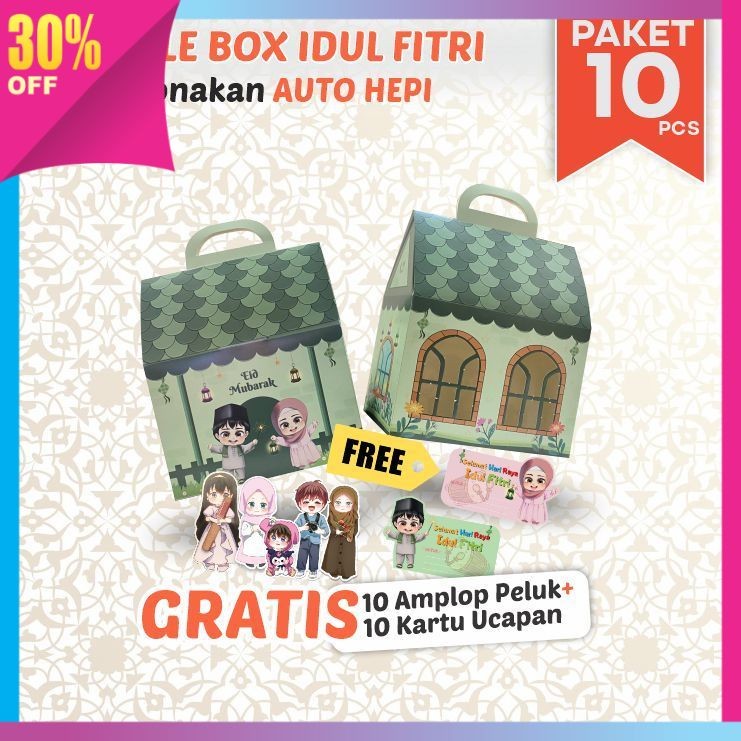 

Hadiah Anniversary Valentine Lebaran Idul Fitri Kekinian / 10 pcs Gable Box Hampers Lebaran Idul Fitri Anak Ponakan – Motif Rumah