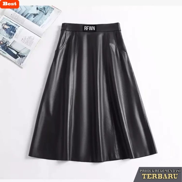 rok wanita kekinian rok kulit wanita/rok kulit rempel/rok kulit panjang RF WN - Hitam, S
