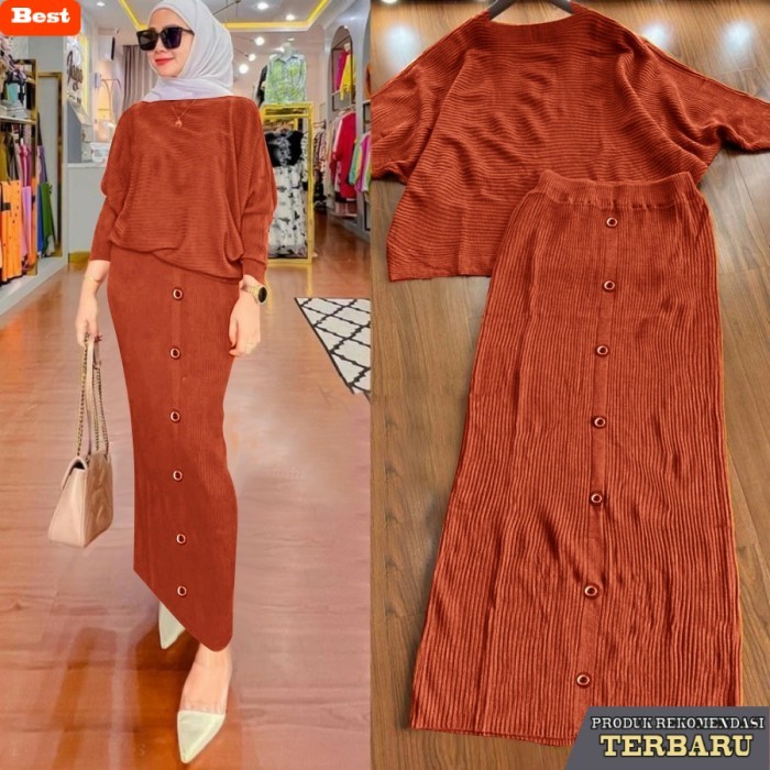 rok wanita kekinian SETELAN WANITA MUSLIM BAHAN RAJUT DAN ROK PANJANG IMPORT-MAHARANI - BATA, XL