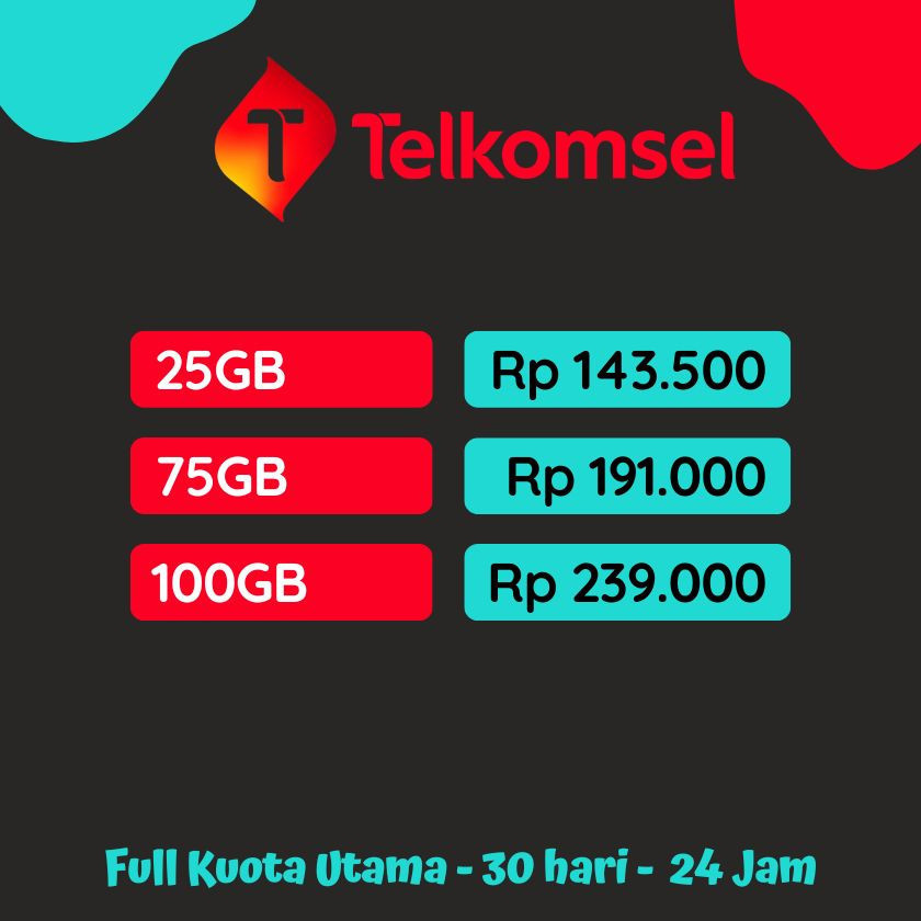 Kuota Telkomsel 25GB, 75GB, 100GB | Paket Data Simpati As Loop Murah, 24 jam, 30 hari, semua wilayah