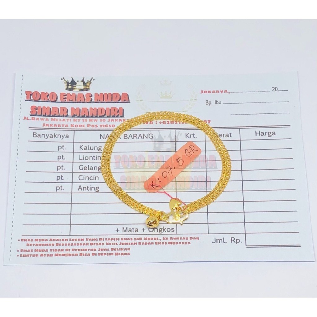 gelang tikar kecil warna Emas Muda Gelang Tangan Tikar K:77.5 5.0Gr bahan tembaga terbaik