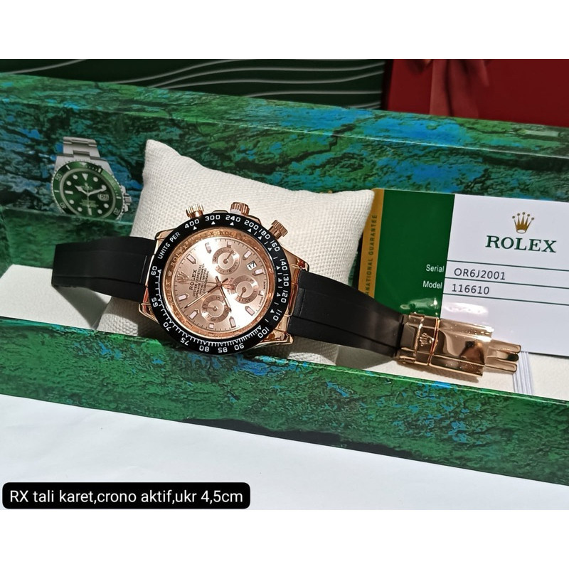 FULL SET LENGKAP - Jam tangan pria ROLEX Chrono & tanggal aktif rubber kwalitas premium mirror FW