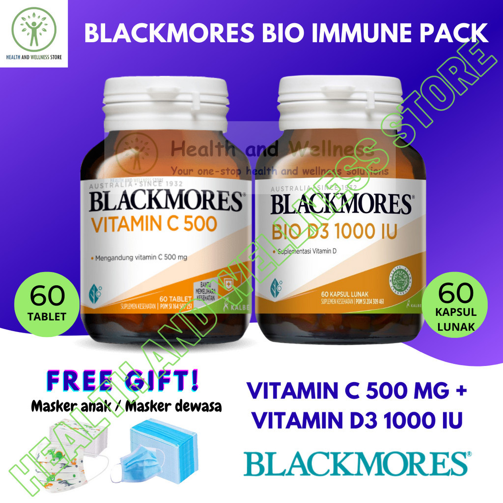 Blackmores Daily Immune Vitamin C 500 Mg 60 Tablet Dan Bio D3 1000 IU 60 Kapsul Lunak Paket