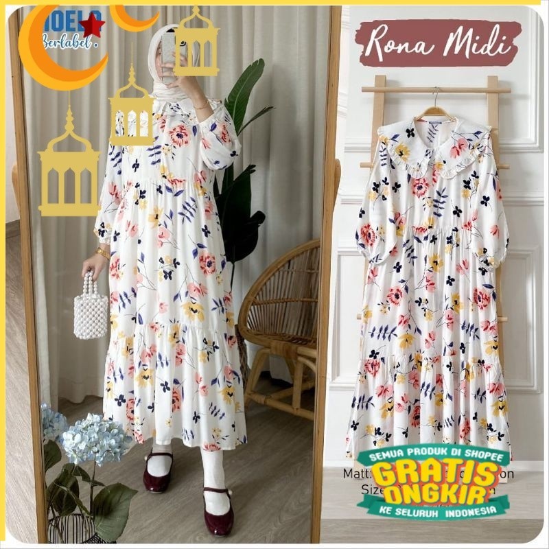 RONA MIDI DRESS RAYON - GAMIS RAYON MOTIF SNOW WHITE  BUNGA PUTIH BUSUI/ anak kecil tanggung sd smp