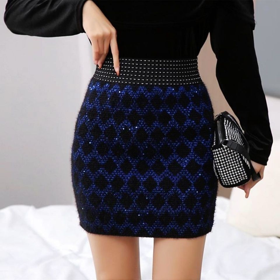 New women's fur sequin diamond plaid wrap arm short skirt