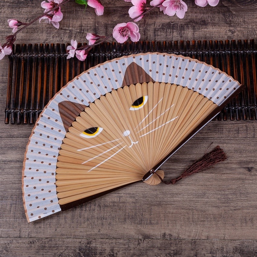 Owl Store - Kipas Tangan Lipat Kain Jepang Motif Kucing Lucu Kado Dekorasi Souvenir