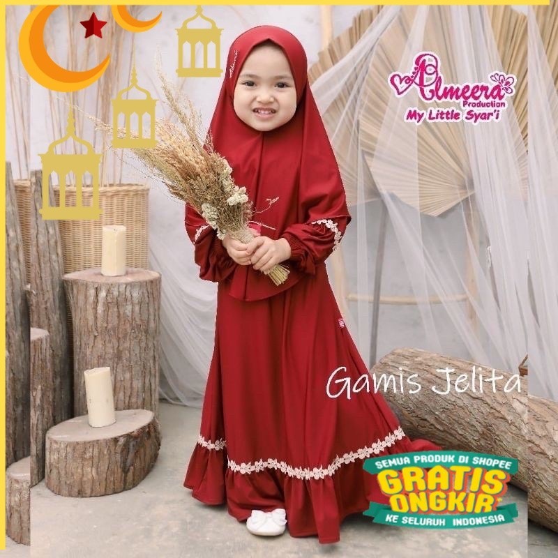 GAMIS ANAK JELITA + JILBAB 1-12thn bahan jersy tebal/Maron merah bata red anak tanggng