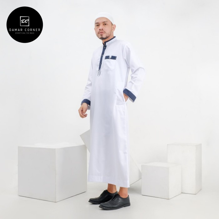Baju Koko Gamis Jubah Saudi Pria Laki Muslim Lengan Panjang Al Fatih - Putih, XL