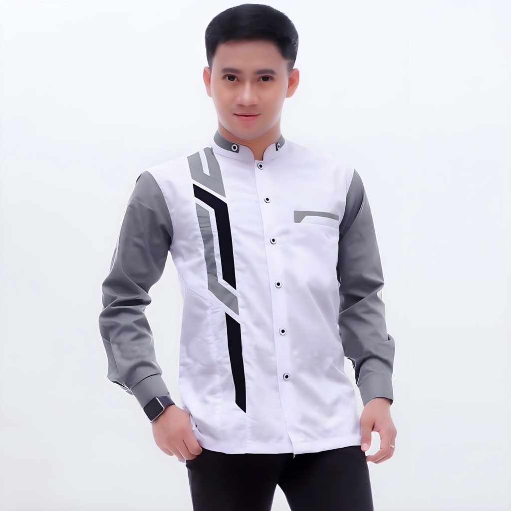 Baju Koko Pria Dewasa Lengan Panjang Motif Sinergi Terbaru Warna Putih Kombinasi Abu Original Hilwa 
