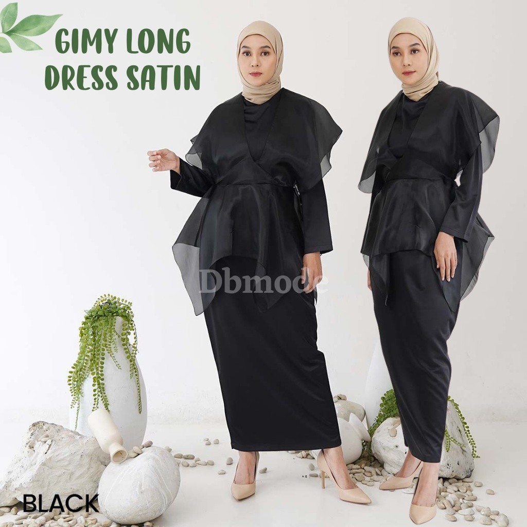 MF Gimy Gamis Baju Long Dress Muslim Wanita Satin Silk Organza Pesta Polos Casual Hijab Hitam Sage G