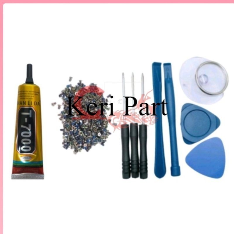 TOOLS SERVIS Alat tools obeng 8in1 + lem T7000 15ml hitam +baut Android 100 pics baut Android oppo s
