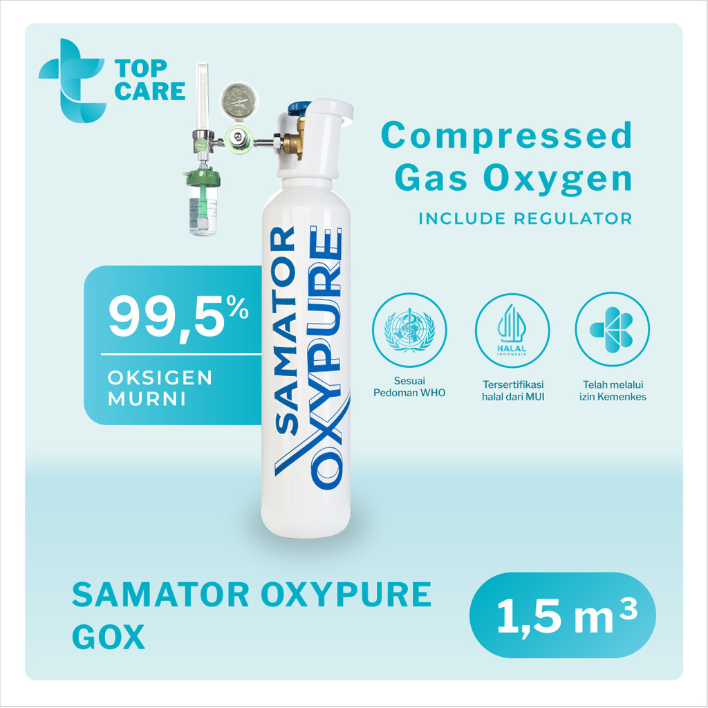 Samator Oxypure GOX 1,5 m3 [Include Regulator] / Tabung Gas Oksigen Murni Steril Untuk Home Care, Fasilitas Kesehatan, Rumah Sakit, Terapi Pernapasan