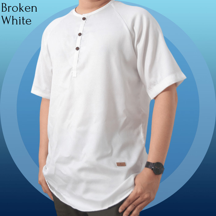 promosi Baju Muslim Kemeja Koko Pria Dewasa Lengan Pendek Cardinal Motif Polos - Broken White, L